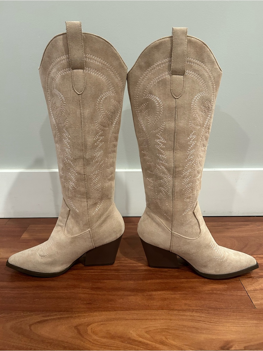 Cowgirl Boots Pointed Toe Block Heel Mid Calf Embroidered Faux Suede Size 6 36 - Picture 14 of 16